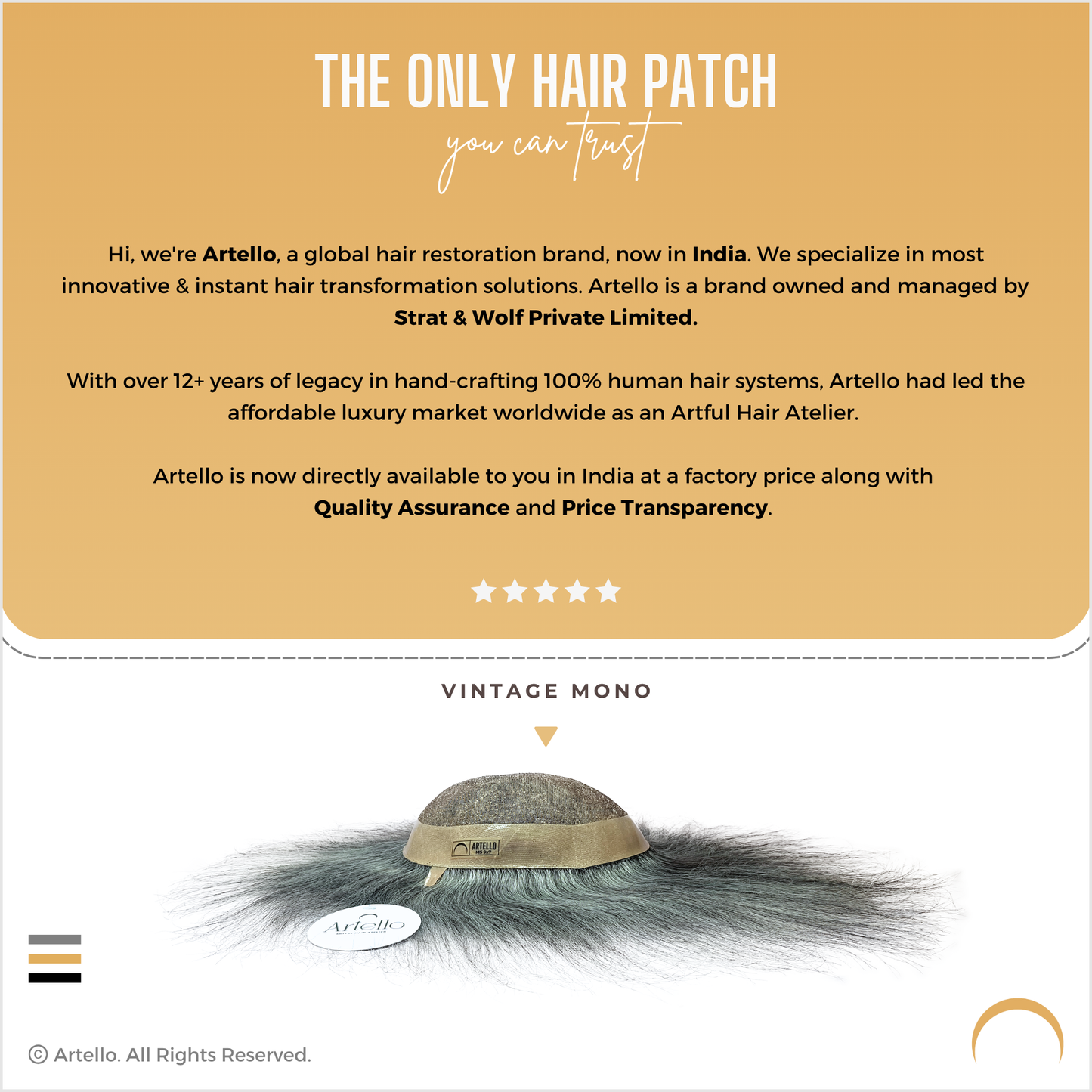 Artello® VINTAGE MONO Smart Hair Patch for Men (Colour: 70% Gray : 30% Black)