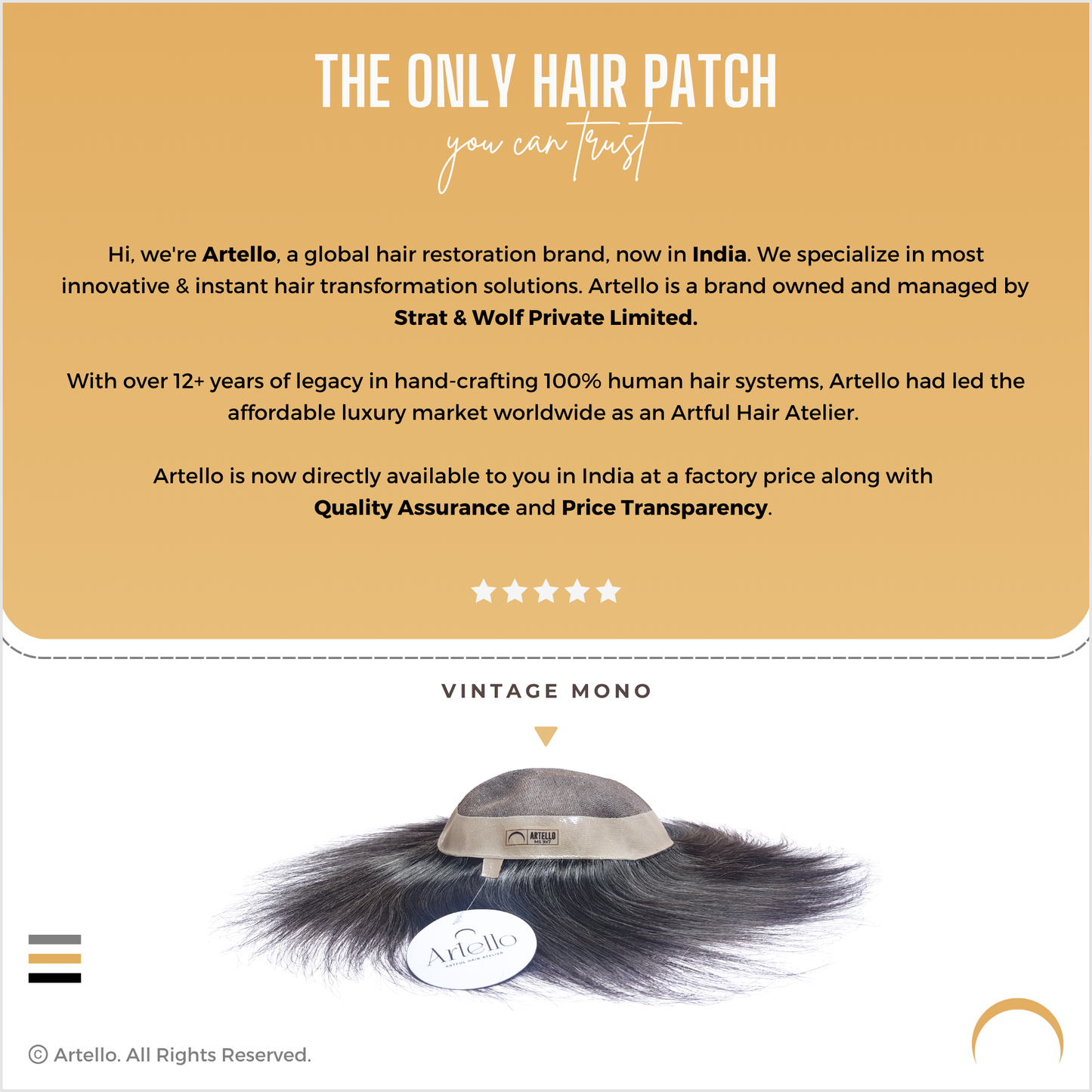 Artello® VINTAGE MONO Smart Hair Patch for Men (Colour: 20% Gray : 80% Black)
