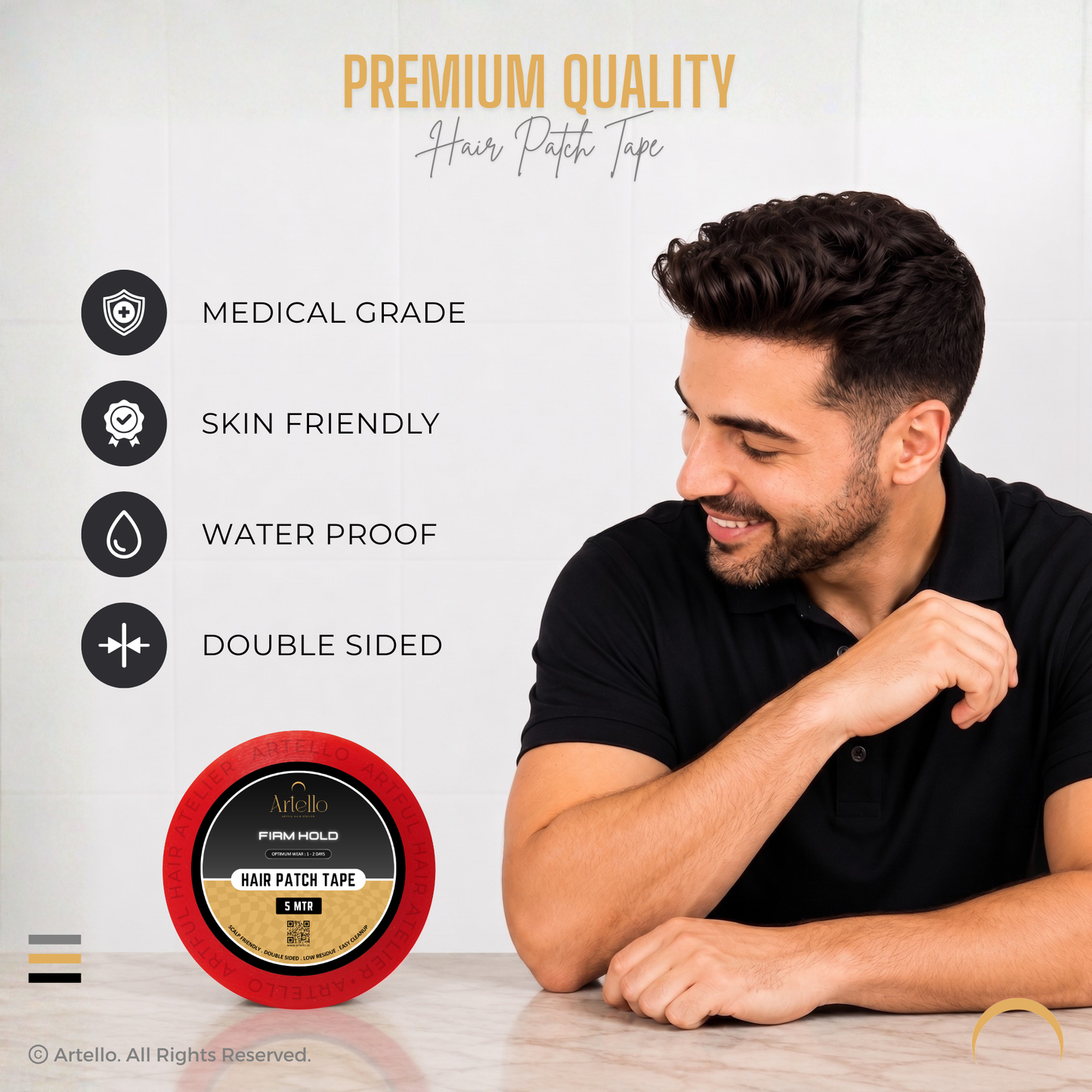 Artello® Firm Hold HAIR PATCH TAPE for Men, Double-Sided Transparent Poly Tape