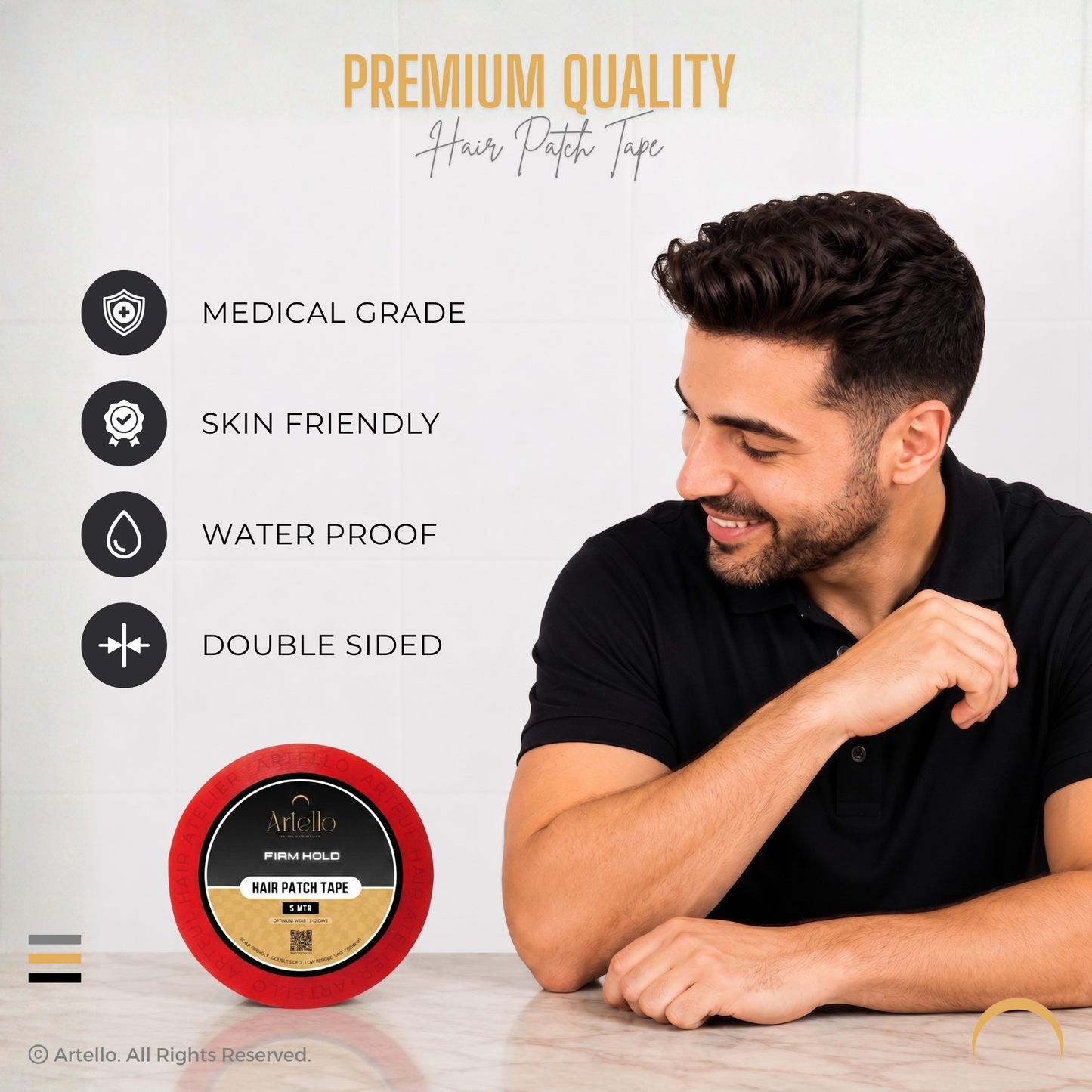 Artello® Firm Hold HAIR PATCH TAPE for Men, Double-Sided Transparent Poly Tape